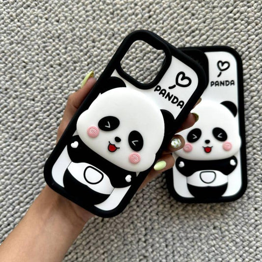 Adorable Panda 3D Cartoon Soft Silicone Case with Mirror and Stand Case for iPhone 12 Pro Max / Iphone 13 Pro Max / 14 Pro Max / 15 Pro Max / 16 Pro Max