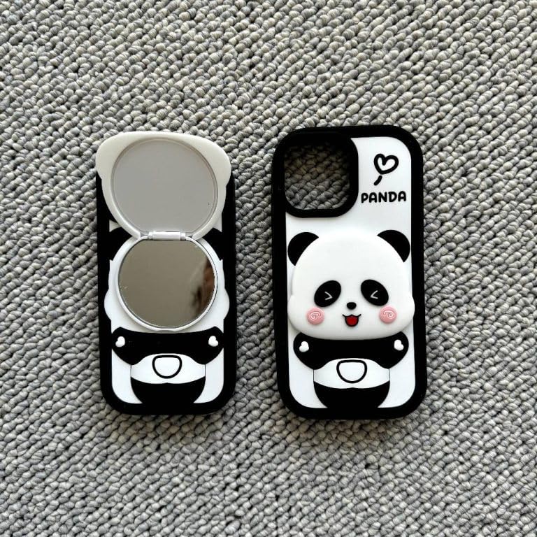 Adorable Panda 3D Cartoon Soft Silicone Case with Mirror and Stand Case for iPhone 12 Pro Max / Iphone 13 Pro Max / 14 Pro Max / 15 Pro Max / 16 Pro Max