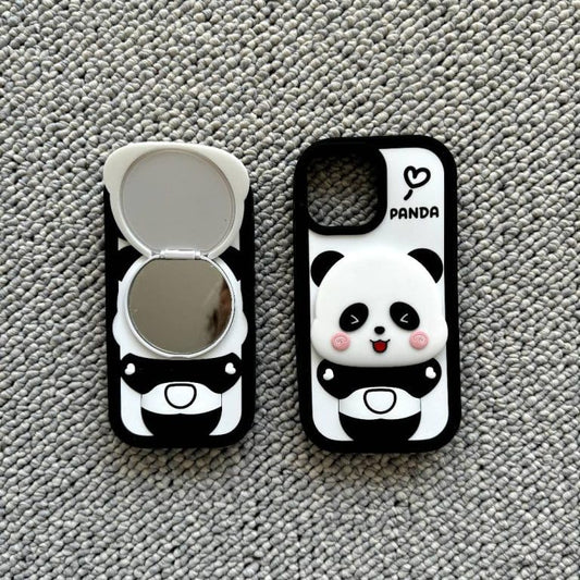 Adorable Panda 3D Cartoon Soft Silicone Case with Mirror and Stand Case for iPhone 12 Pro Max / Iphone 13 Pro Max / 14 Pro Max / 15 Pro Max / 16 Pro Max