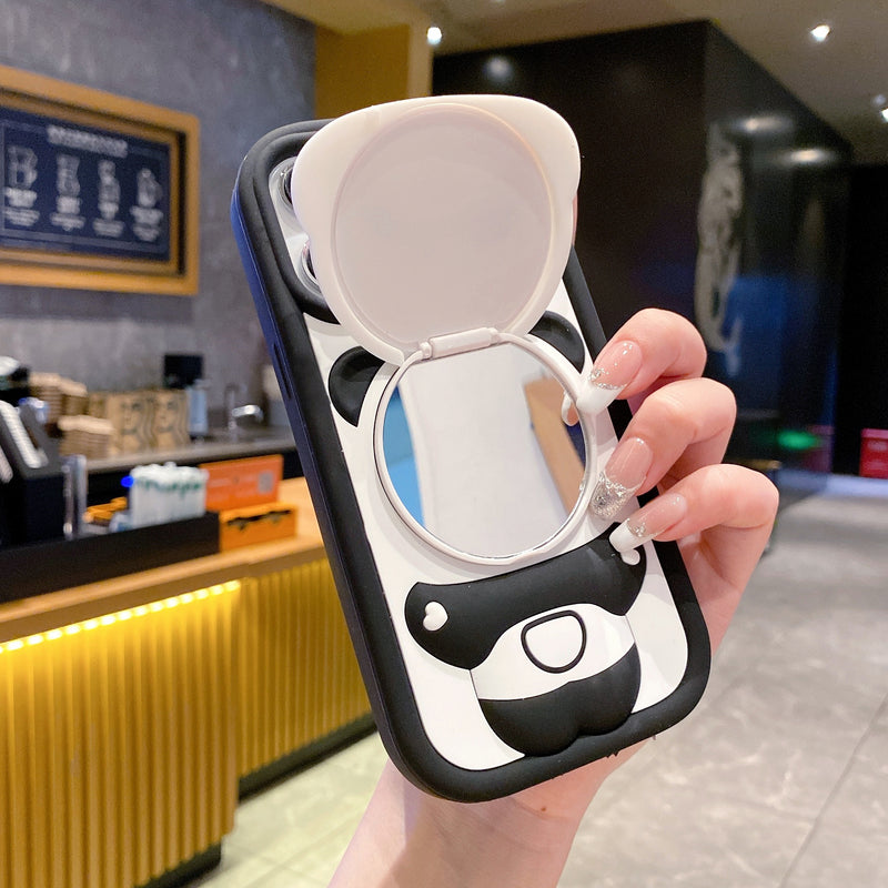Adorable Panda 3D Cartoon Soft Silicone Case with Mirror and Stand Case for iPhone 12 Pro Max / Iphone 13 Pro Max / 14 Pro Max / 15 Pro Max / 16 Pro Max