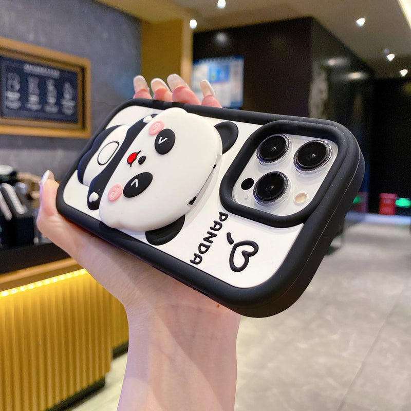 Adorable Panda 3D Cartoon Soft Silicone Case with Mirror and Stand Case for iPhone 12 Pro Max / Iphone 13 Pro Max / 14 Pro Max / 15 Pro Max / 16 Pro Max