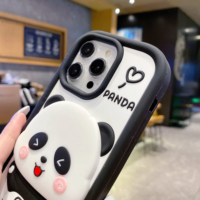 Adorable Panda 3D Cartoon Soft Silicone Case with Mirror and Stand Case for iPhone 12 Pro Max / Iphone 13 Pro Max / 14 Pro Max / 15 Pro Max / 16 Pro Max