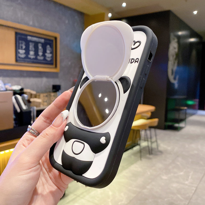Adorable Panda 3D Cartoon Soft Silicone Case with Mirror and Stand Case for iPhone 12 Pro Max / Iphone 13 Pro Max / 14 Pro Max / 15 Pro Max / 16 Pro Max